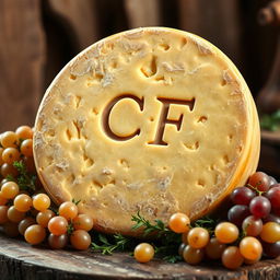 A large wheel of French cheese, artistically presented with the letters 'CF' elegantly inscribed on the surface