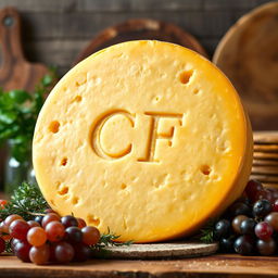 A large wheel of French cheese, artistically presented with the letters 'CF' elegantly inscribed on the surface