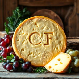 A large wheel of French cheese, artistically presented with the letters 'CF' elegantly inscribed on the surface