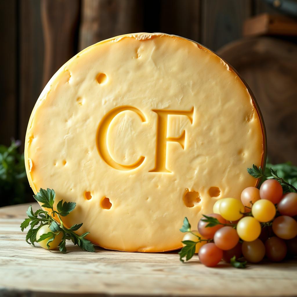 A large wheel of French cheese, artistically presented with the letters 'CF' elegantly inscribed on the surface