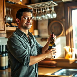 A confident man in his mid-30s with short black hair and wearing a casual button-up shirt, reaching for a vintage wine bottle on a wooden shelf in a cozy, rustic kitchen