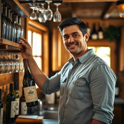 A confident man in his mid-30s with short black hair and wearing a casual button-up shirt, reaching for a vintage wine bottle on a wooden shelf in a cozy, rustic kitchen