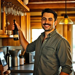 A confident man in his mid-30s with short black hair and wearing a casual button-up shirt, reaching for a vintage wine bottle on a wooden shelf in a cozy, rustic kitchen