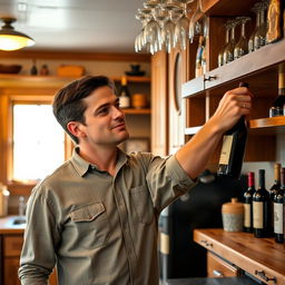 A confident man in his mid-30s with short black hair and wearing a casual button-up shirt, reaching for a vintage wine bottle on a wooden shelf in a cozy, rustic kitchen