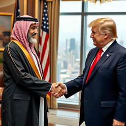 A formal and cordial scene depicting Haj Qasim shaking hands with Donald Trump in an office setting
