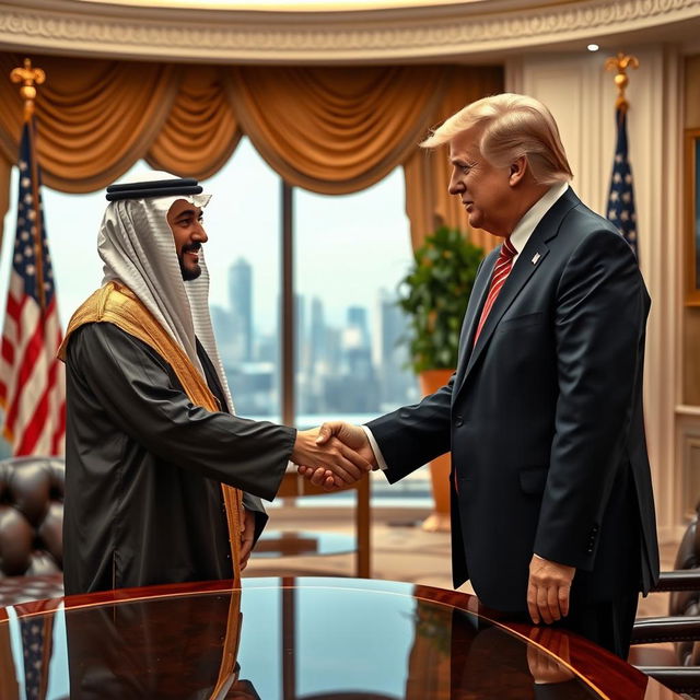 A formal and cordial scene depicting Haj Qasim shaking hands with Donald Trump in an office setting