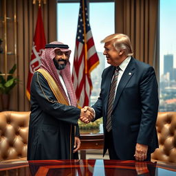 A formal and cordial scene depicting Haj Qasim shaking hands with Donald Trump in an office setting