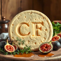A large wheel of French cheese, beautifully crafted and prominently displaying the letters 'CF' carved in an artistic and elegant manner