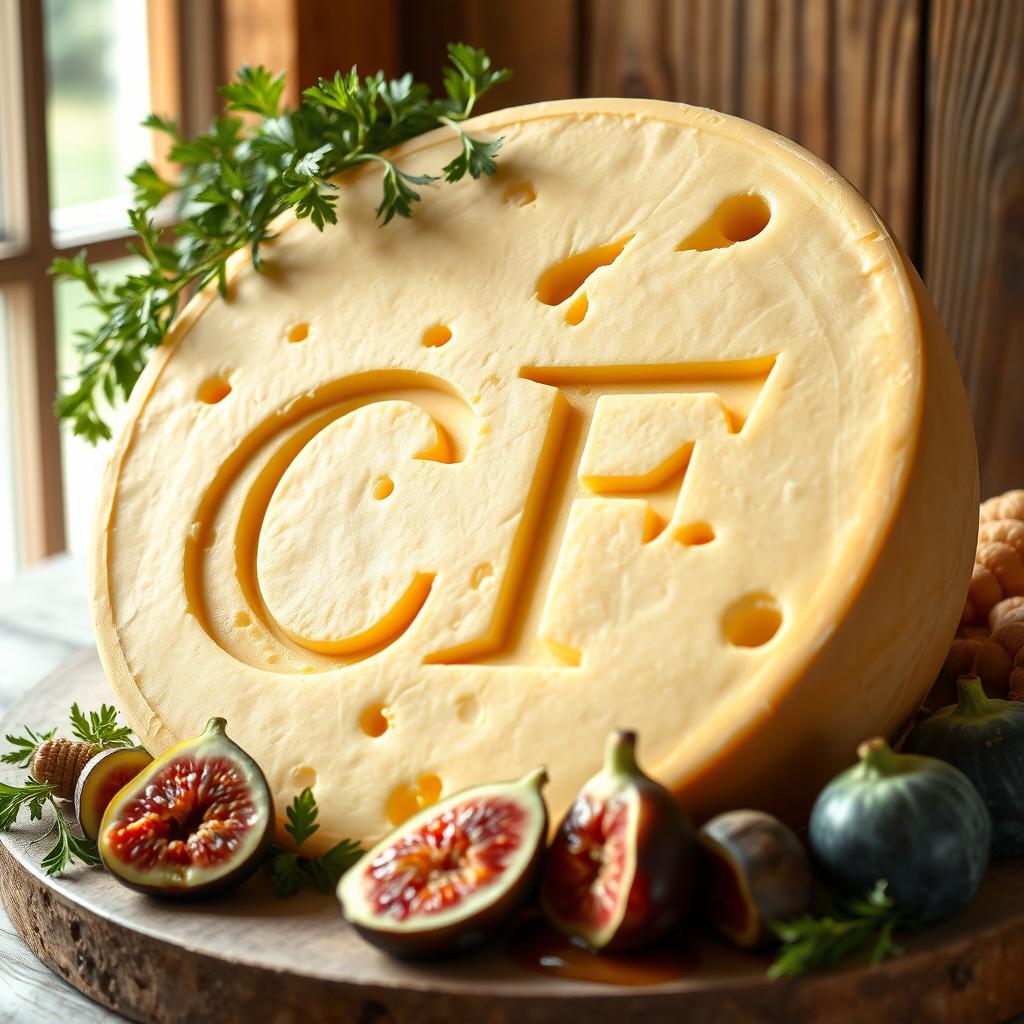 A large wheel of French cheese, beautifully crafted and prominently displaying the letters 'CF' carved in an artistic and elegant manner