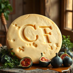 A large wheel of French cheese, beautifully crafted and prominently displaying the letters 'CF' carved in an artistic and elegant manner