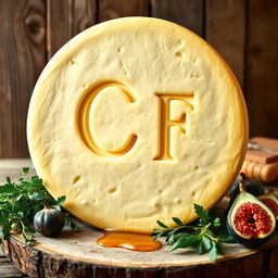 A large wheel of French cheese, beautifully crafted and prominently displaying the letters 'CF' carved in an artistic and elegant manner