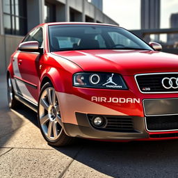 A sleek and stylish 2004 Audi A3 S line, showcasing vivid Air Jordan-inspired colors, featuring its iconic sporty design with flowing lines and a sporty grille