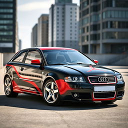 A sleek and stylish 2004 Audi A3 S line, showcasing vivid Air Jordan-inspired colors, featuring its iconic sporty design with flowing lines and a sporty grille