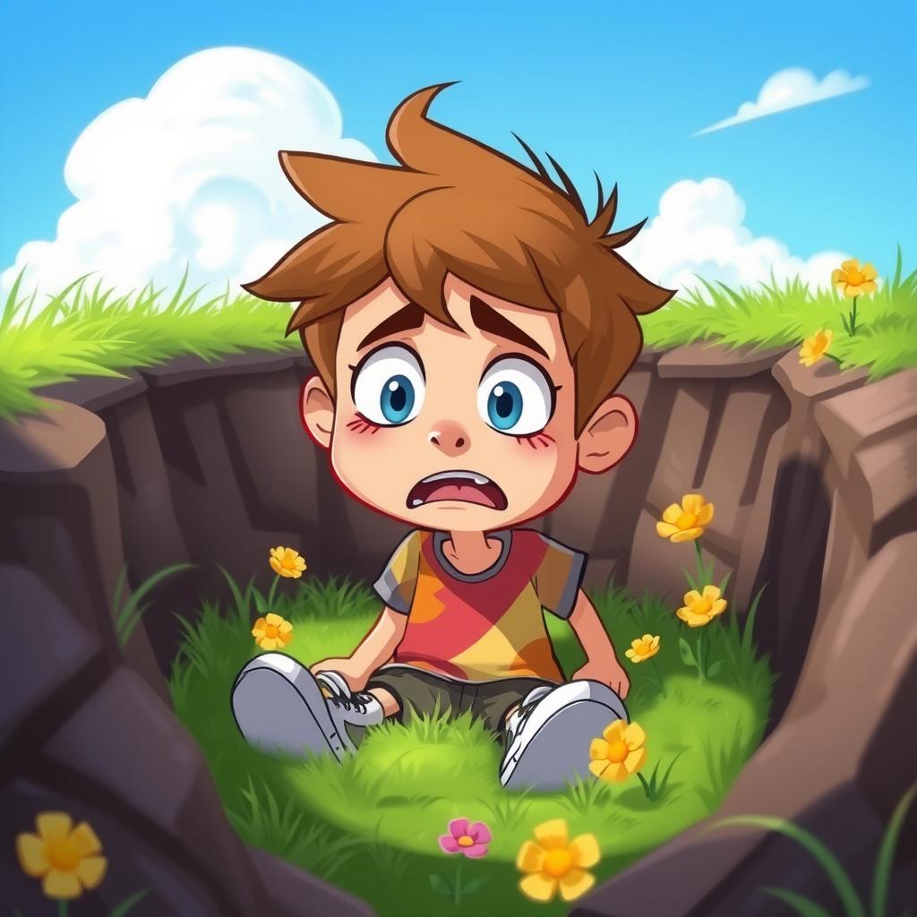 A cartoon character of a teenage boy who is stuck in a pit