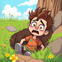 A cartoon character of a teenage boy who is stuck in a pit