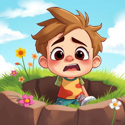 A cartoon character of a teenage boy who is stuck in a pit