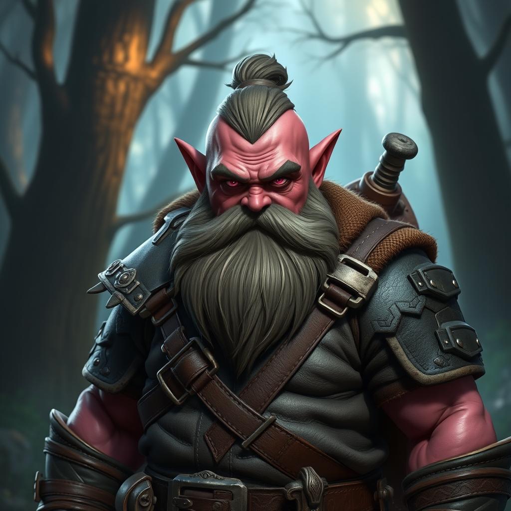 A dwarven character with dark pink skin and pink eyes, showcasing a determined expression