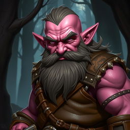 A dwarven character with dark pink skin and pink eyes, showcasing a determined expression