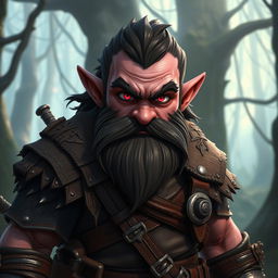A dwarven character with dark pink skin and pink eyes, showcasing a determined expression