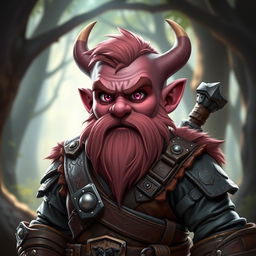 A dwarven character with dark pink skin and pink eyes, showcasing a determined expression