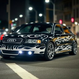 A black 2004 Audi A3 S Line, featuring striking white stripes running along the sides