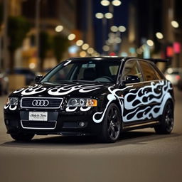 A black 2004 Audi A3 S Line, featuring striking white stripes running along the sides