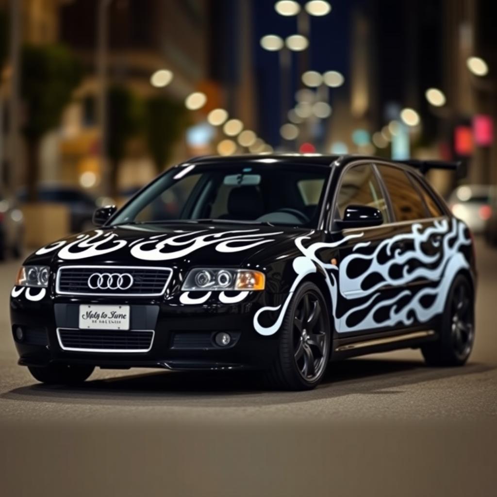 A black 2004 Audi A3 S Line, featuring striking white stripes running along the sides
