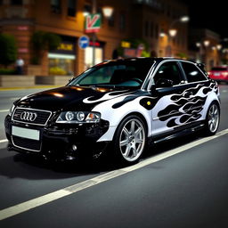 A black 2004 Audi A3 S Line, featuring striking white stripes running along the sides
