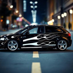 A black 2004 Audi A3 S Line, featuring striking white stripes running along the sides