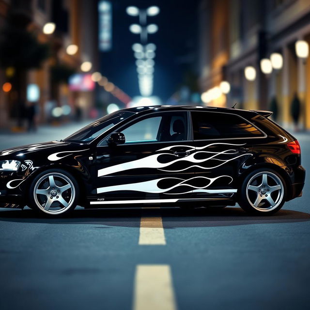 A black 2004 Audi A3 S Line, featuring striking white stripes running along the sides