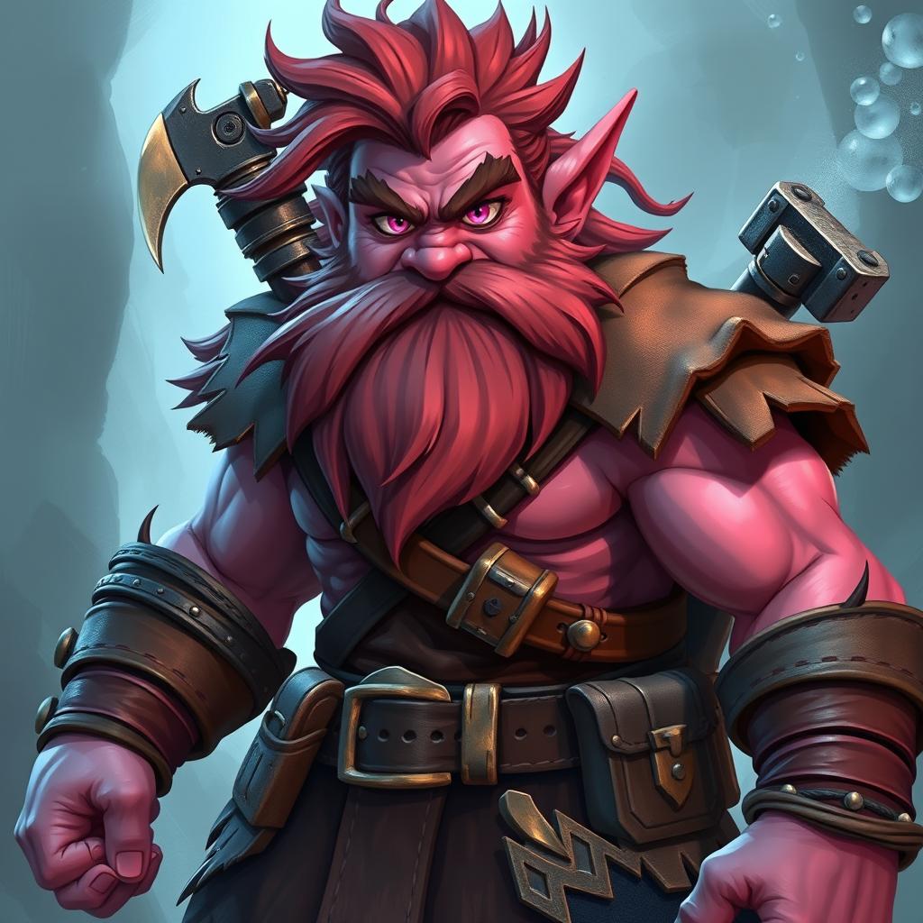 A determined dwarven warrior, featuring dark pink skin and striking pink eyes