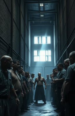 A dramatic scene inside a high-security prison, featuring tall, menacing walls and stark lighting
