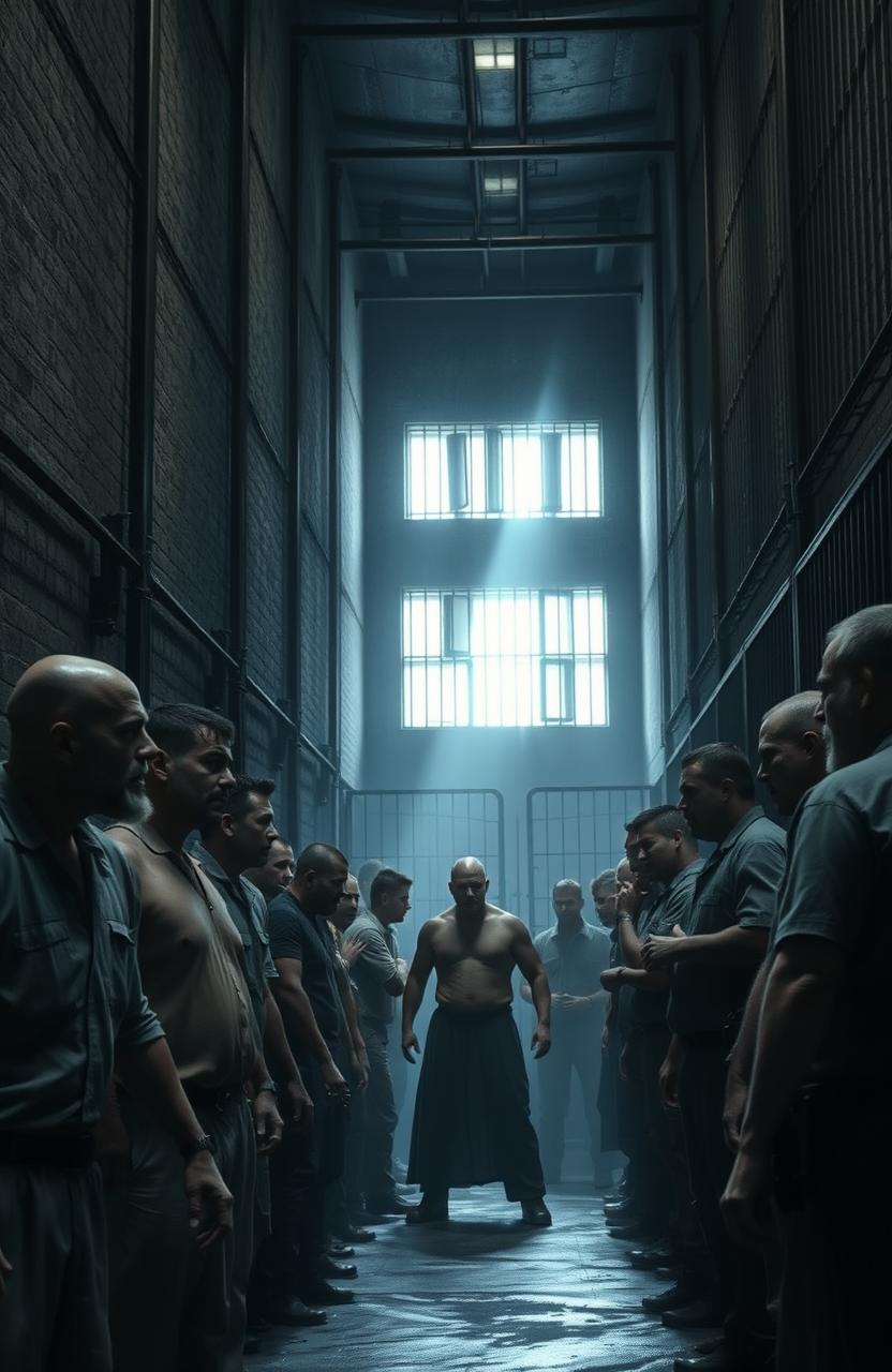 A dramatic scene inside a high-security prison, featuring tall, menacing walls and stark lighting