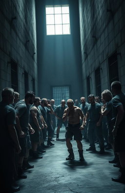 A dramatic scene inside a high-security prison, featuring tall, menacing walls and stark lighting
