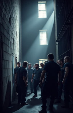 A dramatic scene inside a high-security prison, featuring tall, menacing walls and stark lighting
