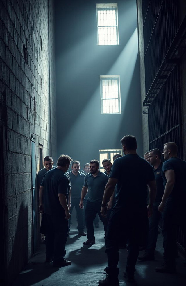 A dramatic scene inside a high-security prison, featuring tall, menacing walls and stark lighting