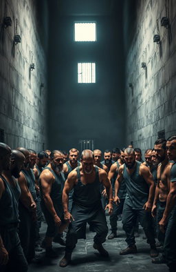 A dramatic scene inside a high-security prison, featuring tall, menacing walls and stark lighting