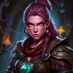 A female D&D dwarf character with dark pink skin and striking pink eyes