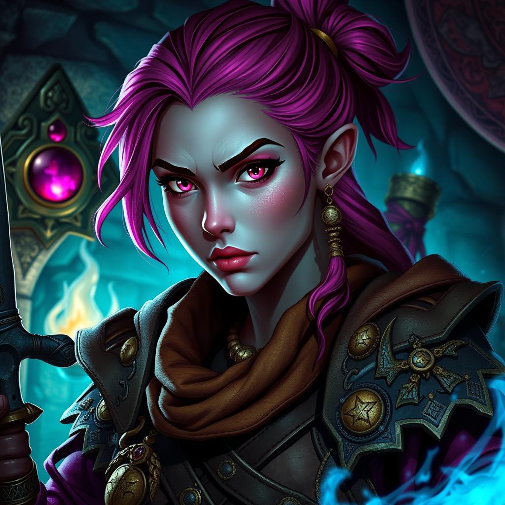 A female D&D dwarf character with dark pink skin and striking pink eyes
