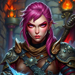 A female D&D dwarf character with dark pink skin and striking pink eyes