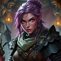 A female D&D dwarf character with dark pink skin and striking pink eyes