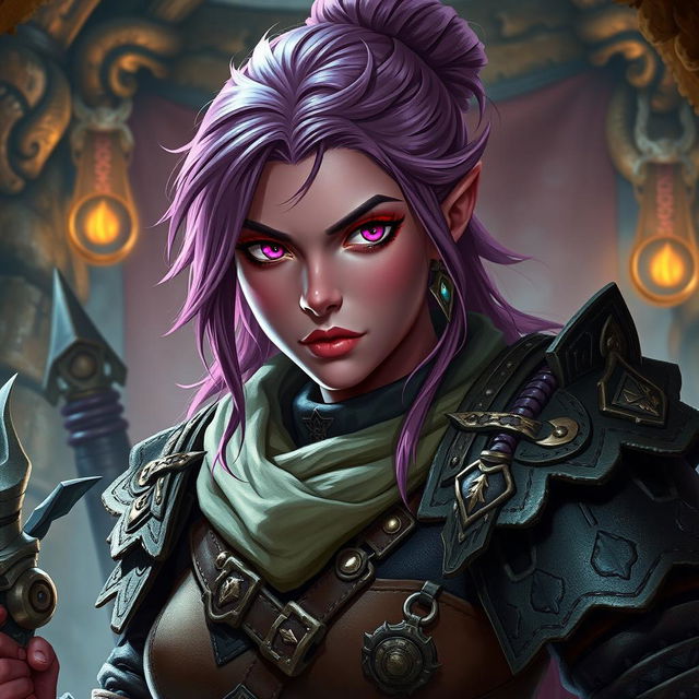 A female D&D dwarf character with dark pink skin and striking pink eyes