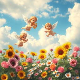 A whimsical scene featuring a group of playful cherubs flying above a vibrant garden filled with blooming flowers