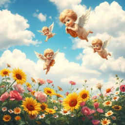 A whimsical scene featuring a group of playful cherubs flying above a vibrant garden filled with blooming flowers