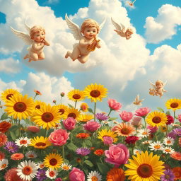 A whimsical scene featuring a group of playful cherubs flying above a vibrant garden filled with blooming flowers