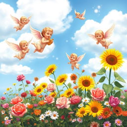 A whimsical scene featuring a group of playful cherubs flying above a vibrant garden filled with blooming flowers