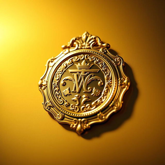 A shiny gold emblem in the shape of a stylized badge, radiating with a reflective surface that captures light beautifully