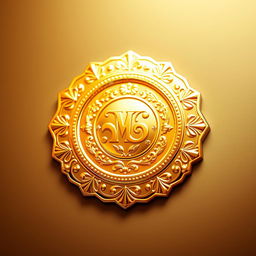 A shiny gold emblem in the shape of a stylized badge, radiating with a reflective surface that captures light beautifully