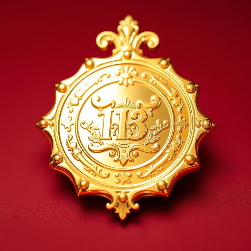 A shiny gold emblem in the shape of a stylized badge, radiating with a reflective surface that captures light beautifully