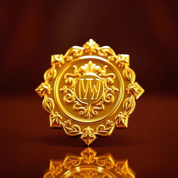 A shiny gold emblem in the shape of a stylized badge, radiating with a reflective surface that captures light beautifully